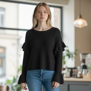 Zara‎ Black Ruffle Bell Sleeves Wide Fit Crewneck Sweater